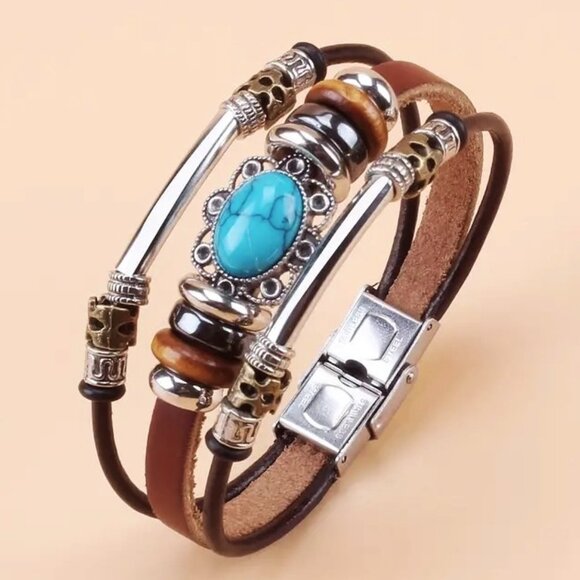 Turquoise Bead Leather Bracelet Blue Vacation Boho Summer Surfer Hippie Native - Picture 1 of 4